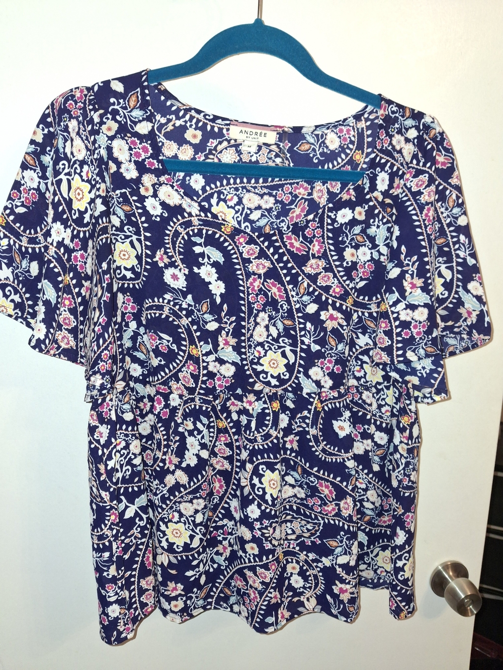 Andree Navy Paisley Floral Flutter Sleeve Top
